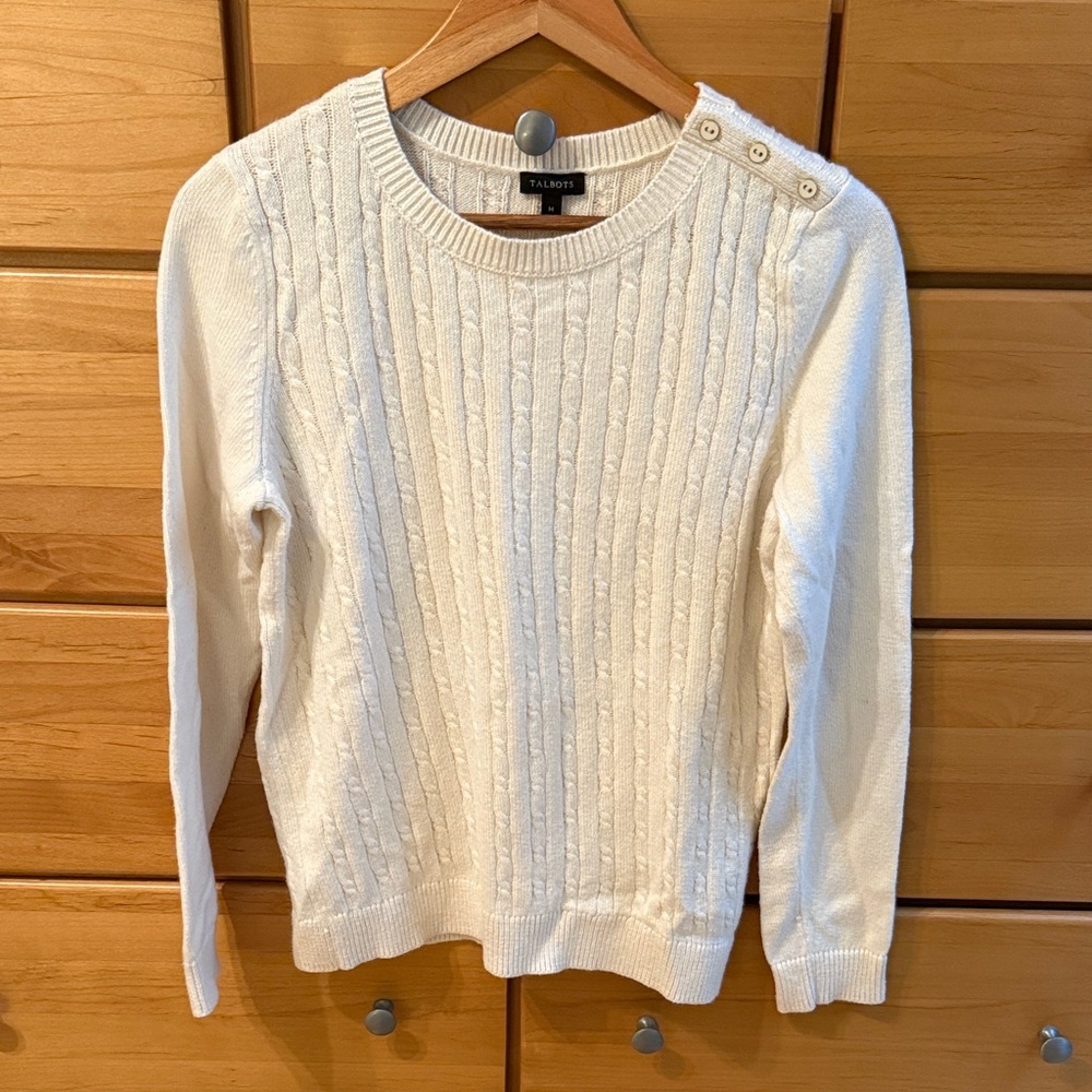 Talbots Ivory Button-Detail Cable Knit Sweater